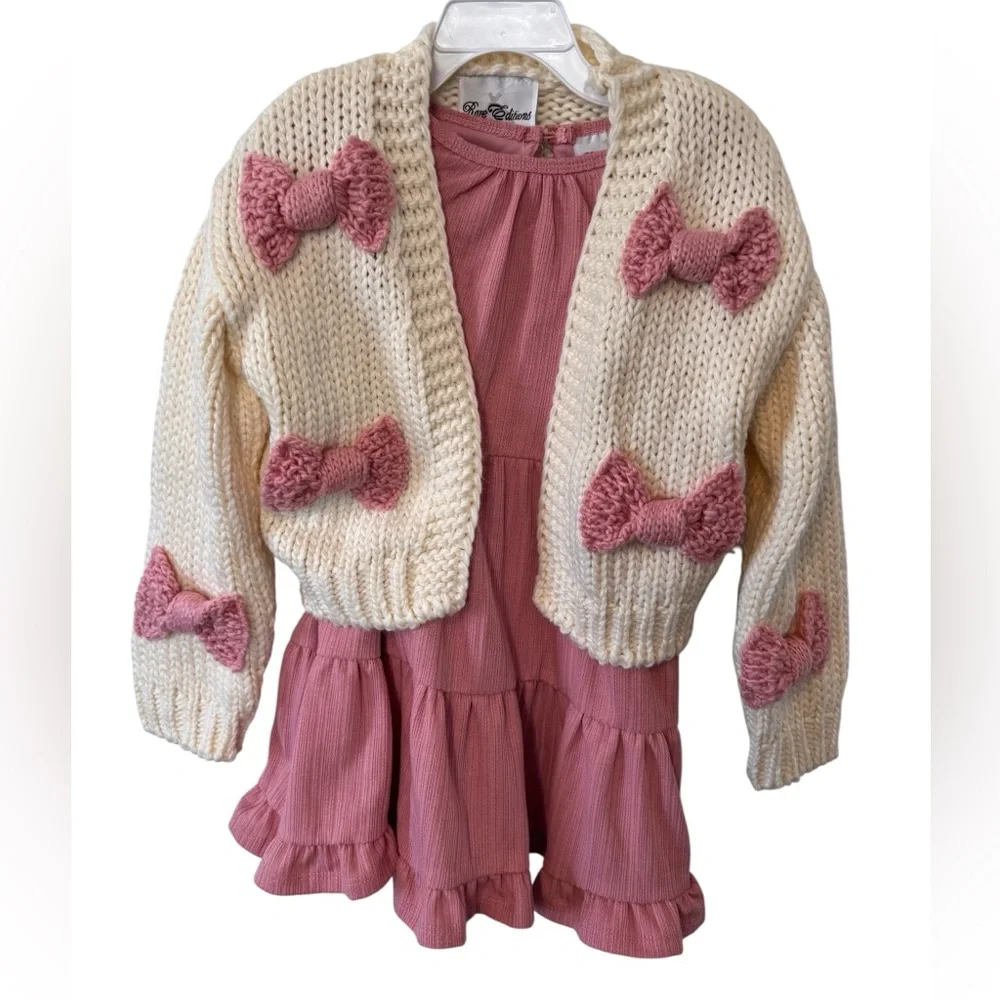 Kids Cream Chucky Cardigan with Pink Bows and Mauve Dress 2Piece Set size 5 NWTS
